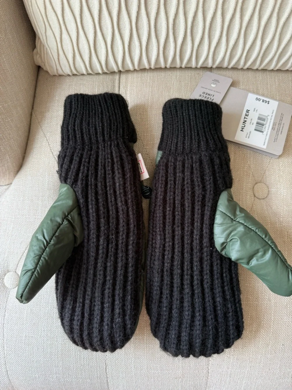 Hunter Fleece Lined Puffer Knit Mittens Olive Green Black L/XL